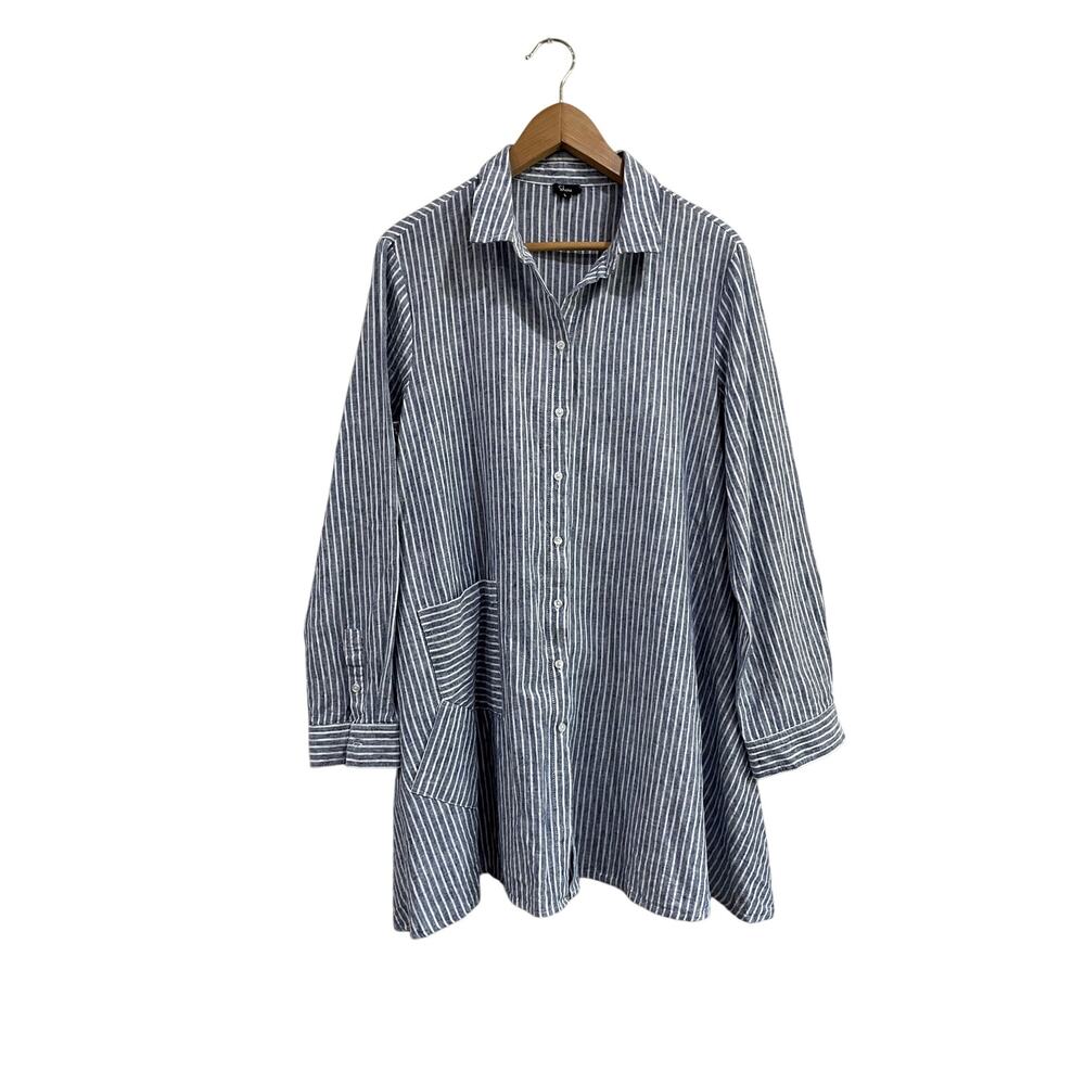 Shana Blue Stripe 100% Linen Lagenlook Button Down Tunic Size Large